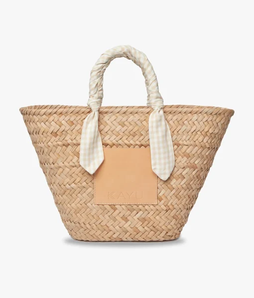Marlow Straw Scarf Tote Bag - Beige Gingham - Kayu
