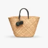 Oversized St Tropez Pom Pom Straw Tote - Black - Kayu