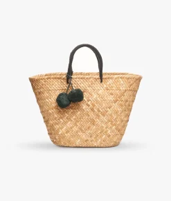 Oversized St Tropez Pom Pom Straw Tote - Black - Kayu