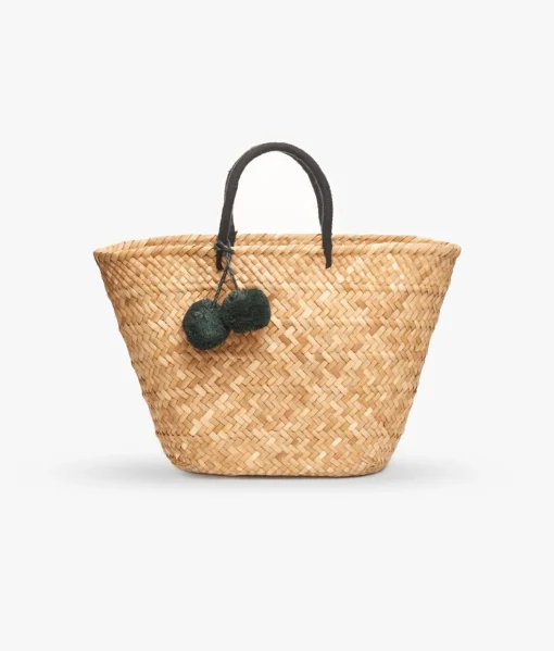 Oversized St Tropez Pom Pom Straw Tote - Black - Kayu