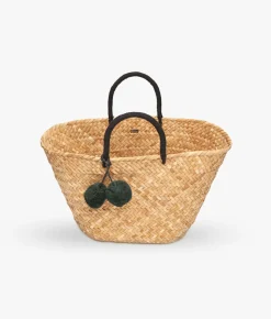 Oversized St Tropez Pom Pom Straw Tote - Black - Kayu