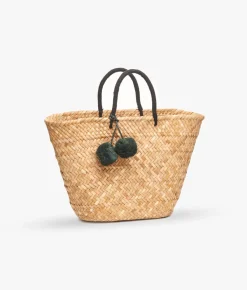 Oversized St Tropez Pom Pom Straw Tote - Black - Kayu