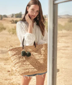 Oversized St Tropez Pom Pom Straw Tote - Black - Kayu