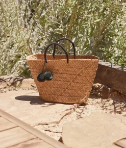 Oversized St Tropez Pom Pom Straw Tote - Black - Kayu