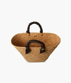 Rosie Woven Straw Ribbon Handle Tote - Black - Kayu