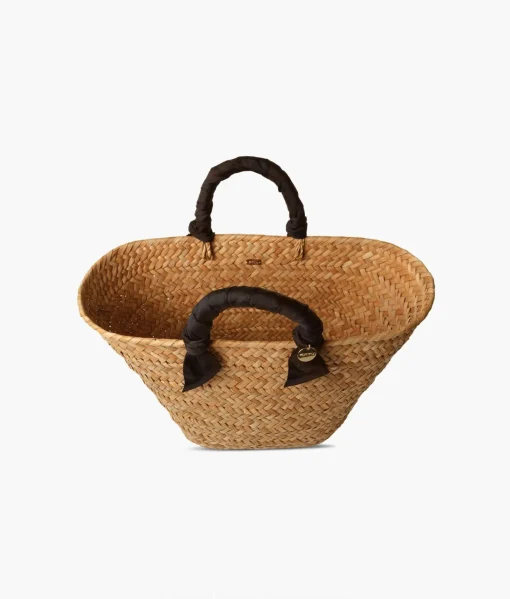 Rosie Woven Straw Ribbon Handle Tote - Black - Kayu