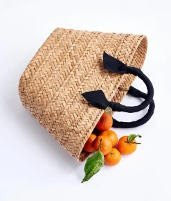 Rosie Woven Straw Ribbon Handle Tote - Black - Kayu