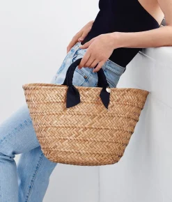 Rosie Woven Straw Ribbon Handle Tote - Black - Kayu