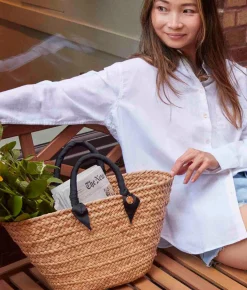Rosie Woven Straw Ribbon Handle Tote - Black - Kayu
