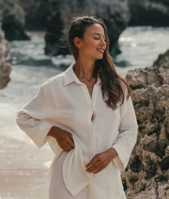 The Handloom Echo Maxi Shirt - Natural With Stripes